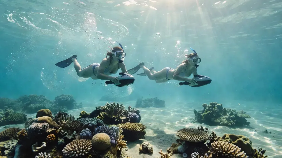 Two snorkelers with jet scooters flying over the coral reef at Escambrón Marine Park during the jet snorkeling tour in San Juan Puerto Rico