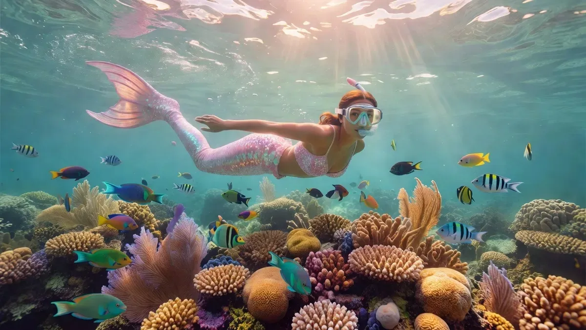 Woman in a pink mermaid tail gliding gracefully underwater above the coral reef at Escambrón Marine Park in San Juan Puerto Rico